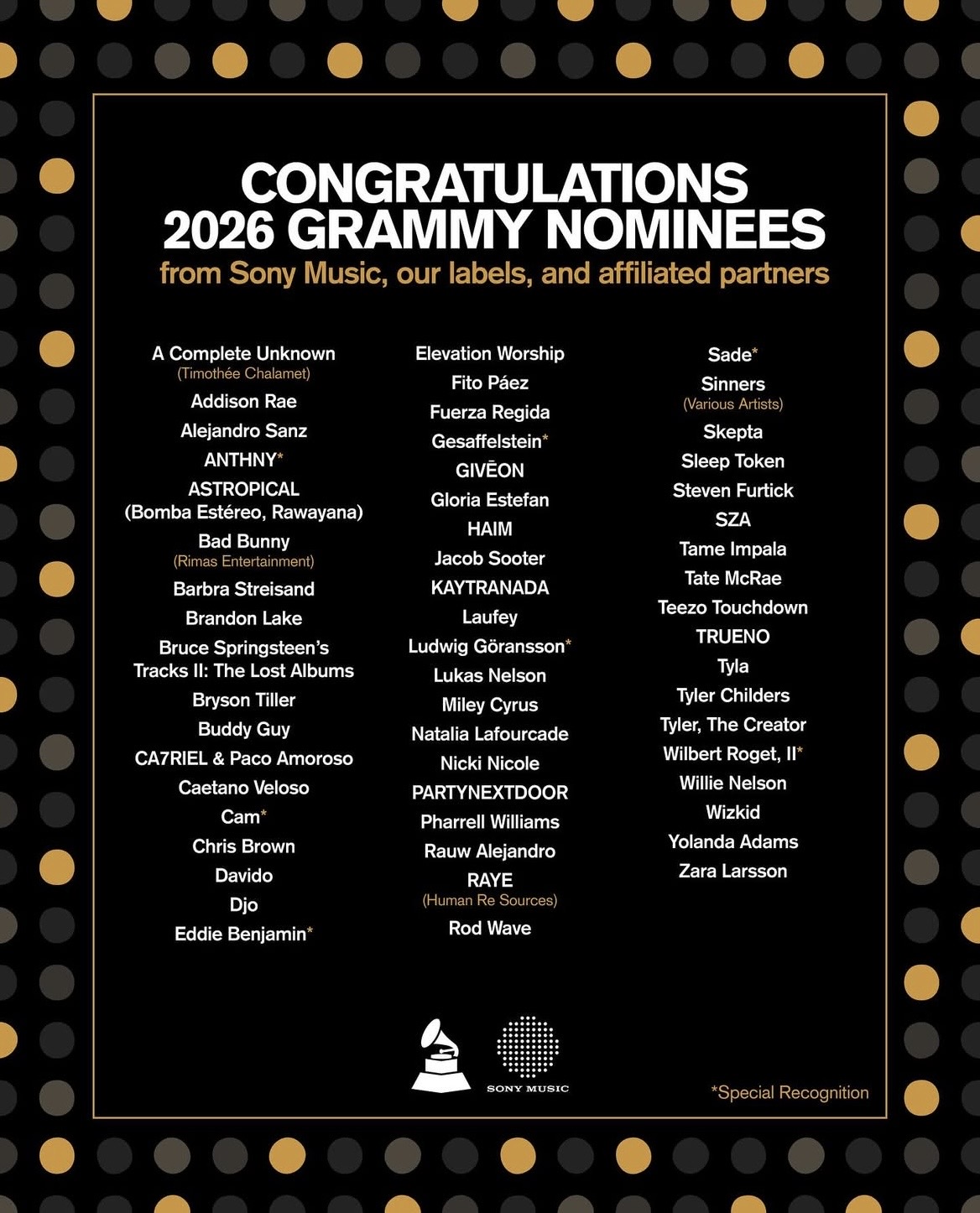 Sony Music Grammy 2026 Nominierten